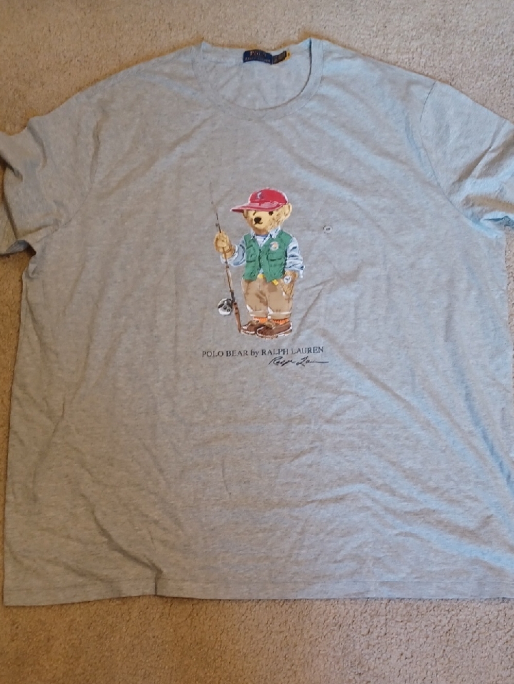New Ralph Lauren Bear Graphic Tee - Light Gray with Red & Green Accents